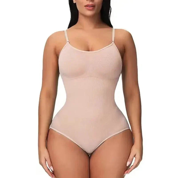 Body minceur sans couture beige pour femme sculptant la silhouette avec bretelles fines