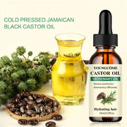 Bottle of Youngcome Castor Oil and Rosemary Oil hair serum with castor seeds and oil in glass jar on white background