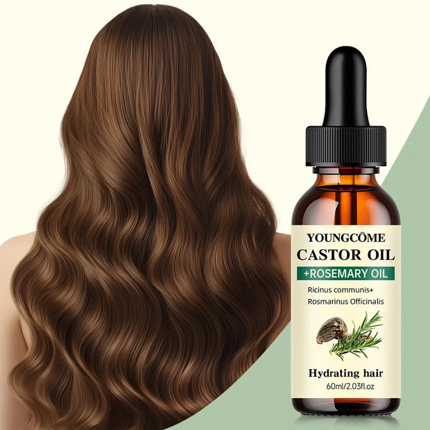 Bottle of Youngcome Castor Oil and Rosemary Oil for hydrating hair with long wavy brown hair in background