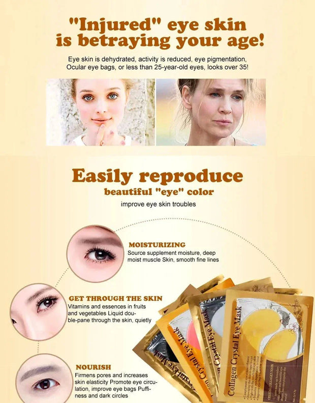 Masque yeux or collagène cristal hydrate réduit poches cernes anti-âge soin peau délicate