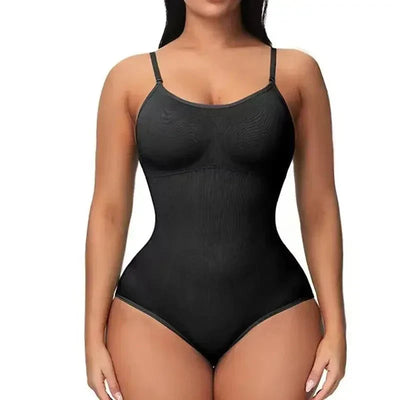 Black seamless shaping shapewear bodysuit for women with adjustable straps and light control.