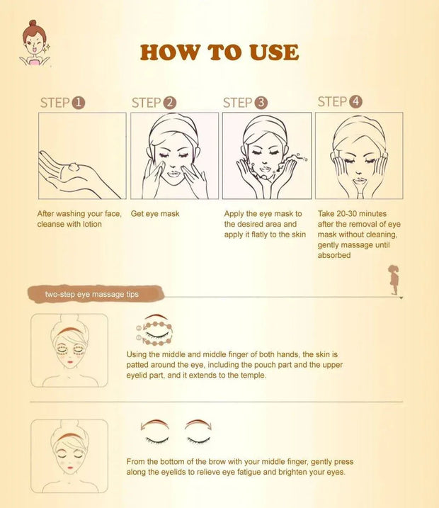 Instructions d'utilisation du masque cristal au collagène d'or pour les yeux, soin anti-poche et anti-cernes.
